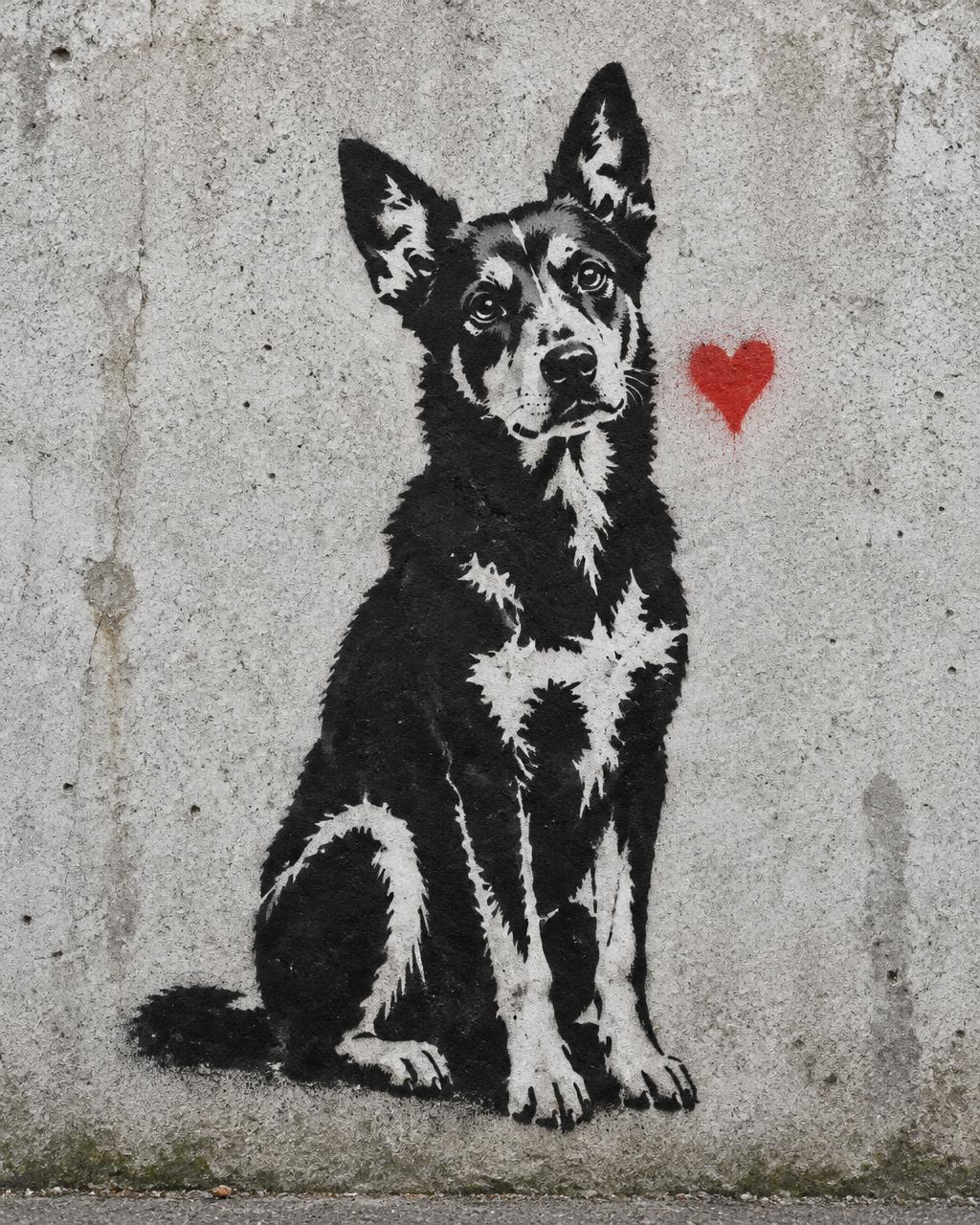 Stencil street-art mural of a sitting dog sprayed in black and white on a concrete wall with a single red heart