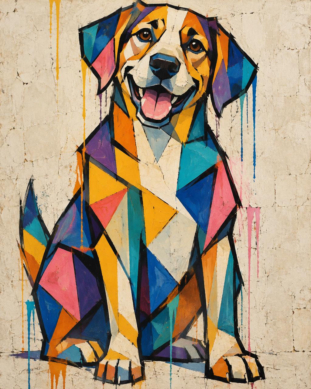 Cubist portrait painting of a sitting dog built from bold flat planes of yellow, teal, cobalt, violet and pink with black brush outlines and paint drips on a textured canvas