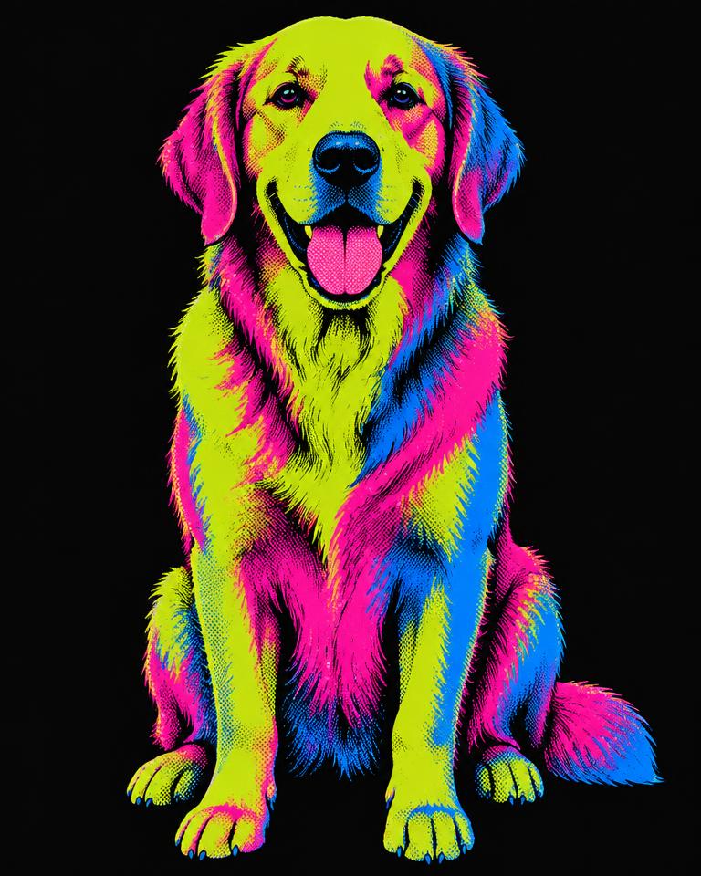 The same golden retriever as a custom pet portrait in Ozart pop art in neon lime, magenta and electric blue